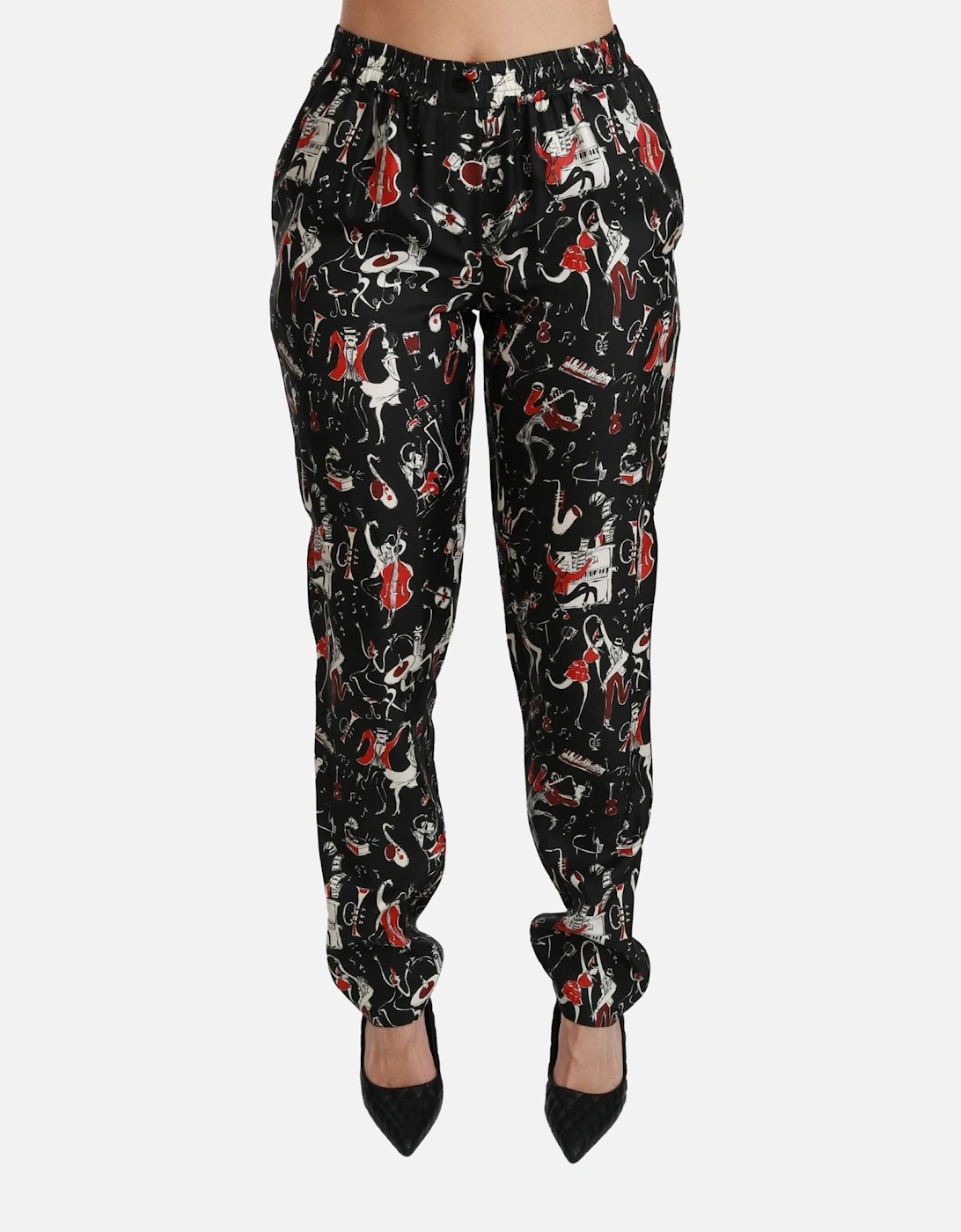 Printed Silk Trousers Music Design Women - Black Jeans, 6 of 5