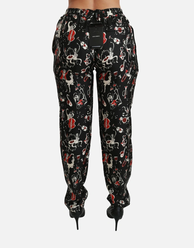 Printed Silk Trousers Music Design Women - Black Jeans