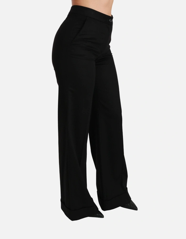 Wide Leg Wool Trousers Cuffed Hem Women - Black Jeans