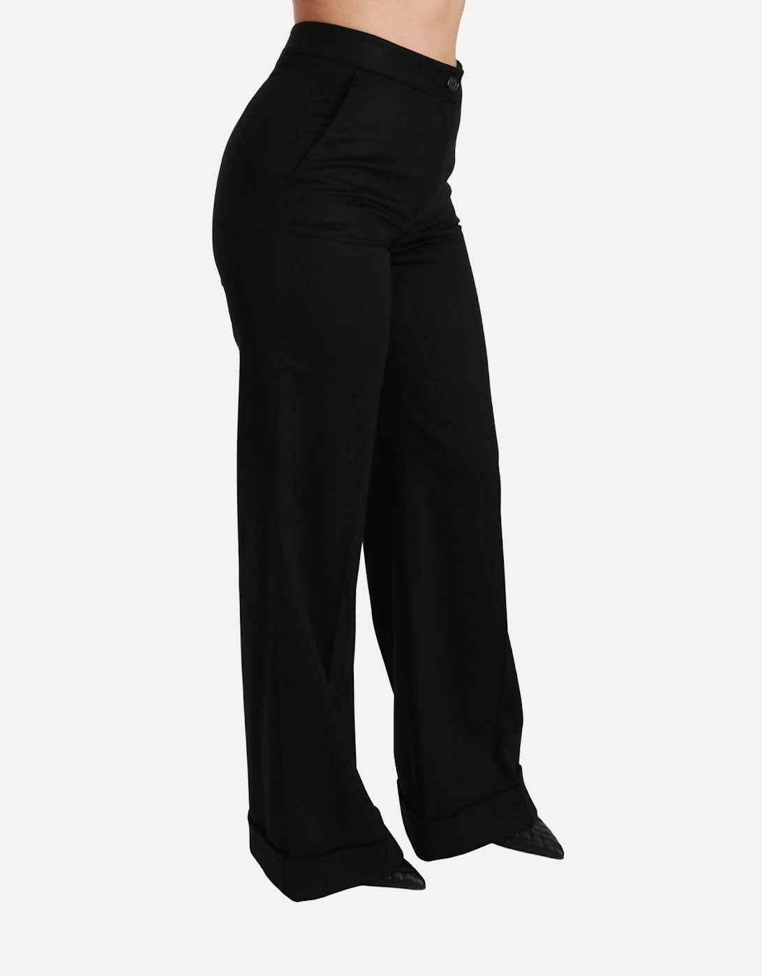 Wide Leg Wool Trousers Cuffed Hem Women - Black Jeans