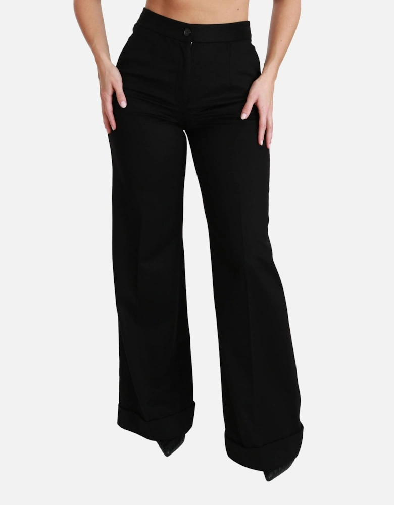 Wide Leg Wool Trousers Cuffed Hem Women - Black Jeans