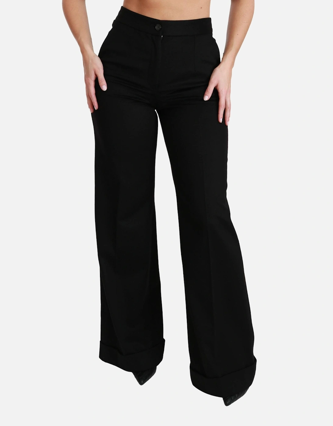 Wide Leg Wool Trousers Cuffed Hem Women - Black Jeans