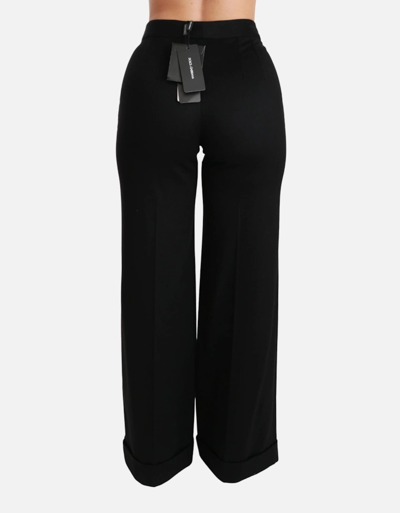 Wide Leg Wool Trousers Cuffed Hem Women - Black Jeans