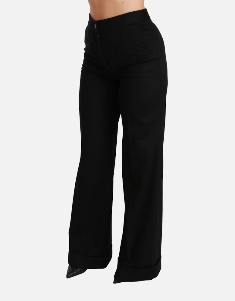 Wide Leg Wool Trousers Cuffed Hem Women - Black Jeans