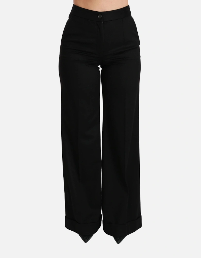 Wide Leg Wool Trousers Cuffed Hem Women - Black Jeans