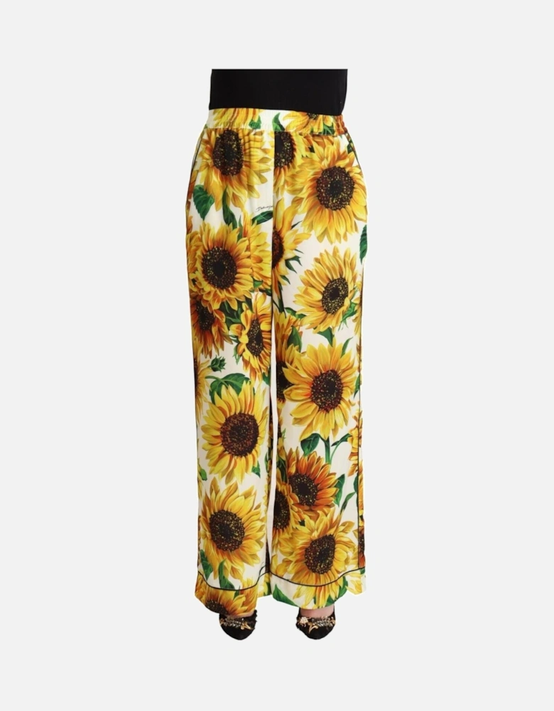 Mid-Waisted Wide Leg Pants with Sunflower Print Women - White Jeans