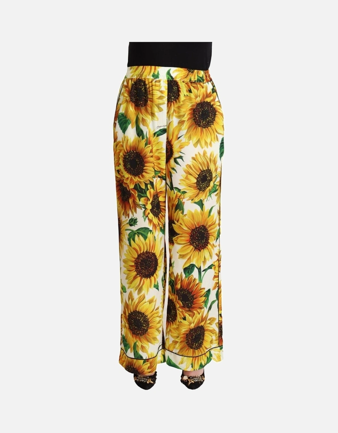 Mid-Waisted Wide Leg Pants with Sunflower Print Women - White Jeans, 4 of 3