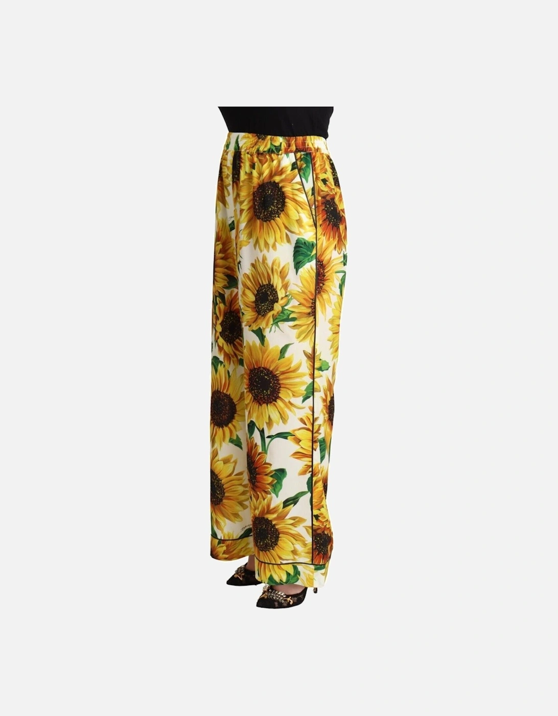 Mid-Waisted Wide Leg Pants with Sunflower Print Women - White Jeans