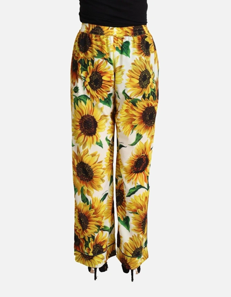 Mid-Waisted Wide Leg Pants with Sunflower Print Women - White Jeans