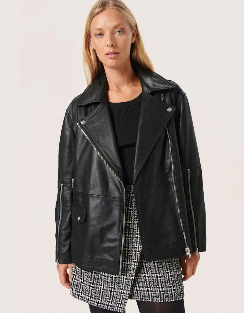 Olicia Leather Biker Jacket - Black