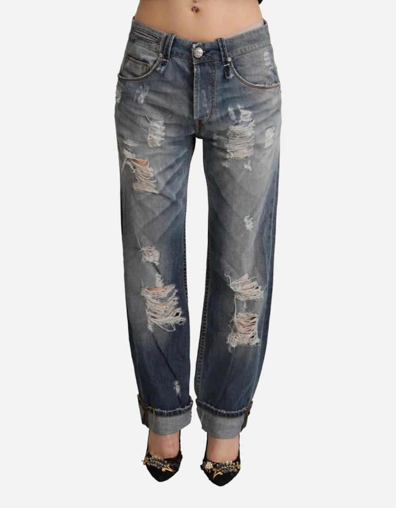 Distressed Boyfriend Jeans Ripped Denim Pants Women - Blue Jeans