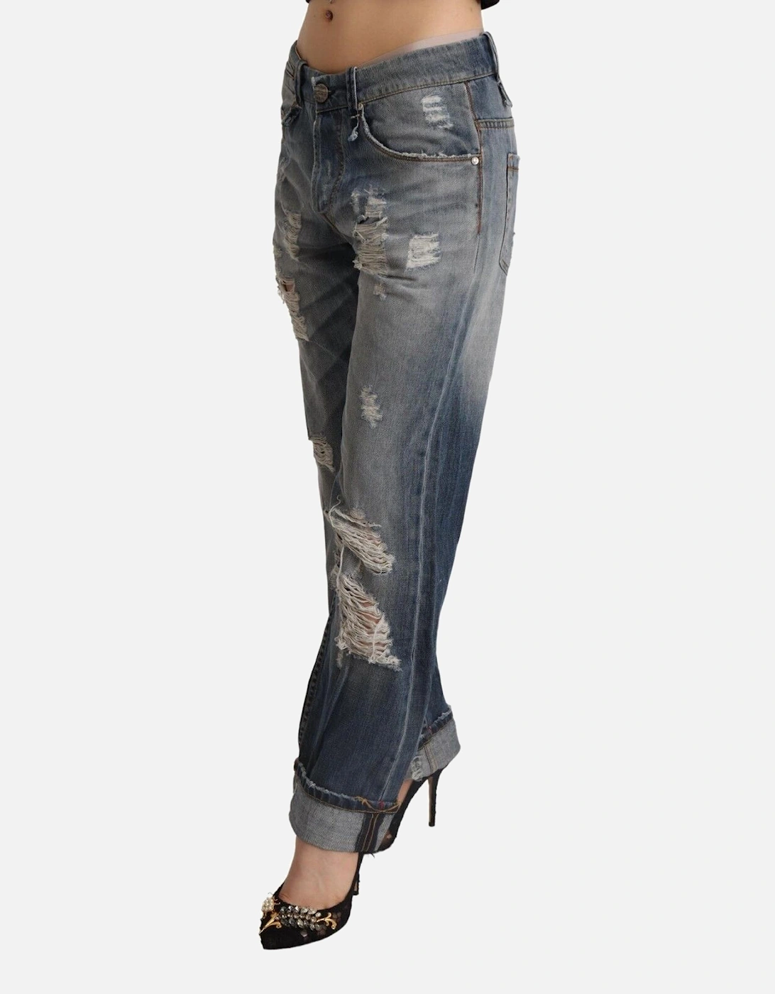 Distressed Boyfriend Jeans Ripped Denim Pants Women - Blue Jeans
