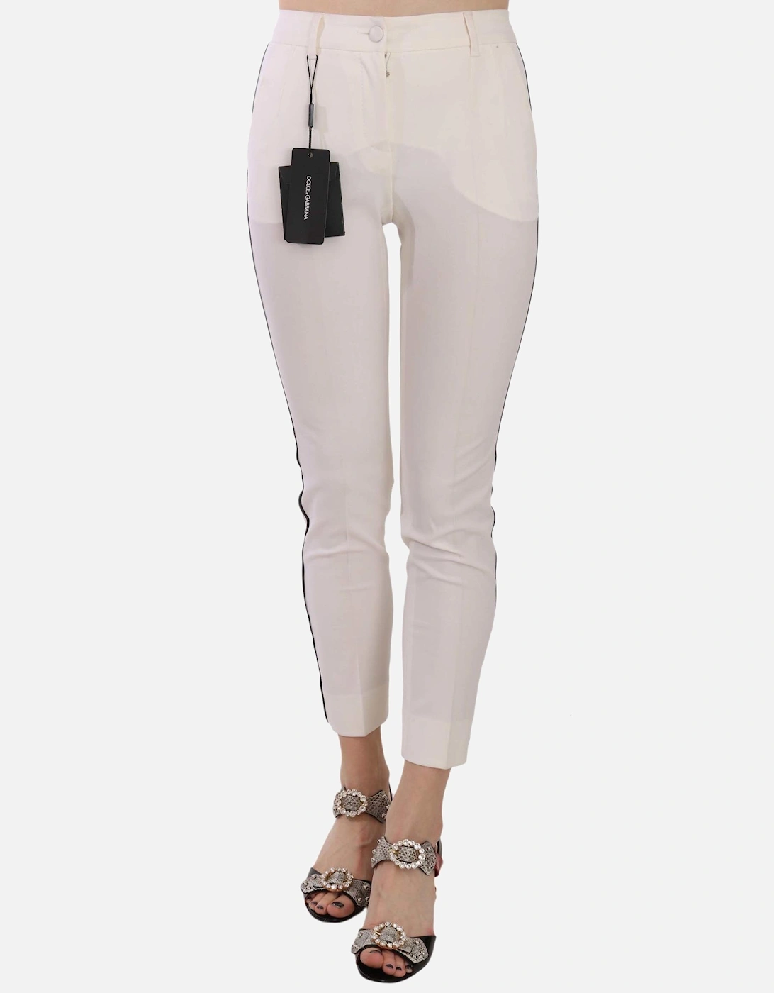 Side Stripe Cropped Skinny Wool Trousers Women - White Jeans, 5 of 4