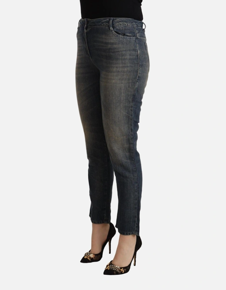 Cropped Mid Waist Denim Jeans with Logo Details Women - Blue Jeans