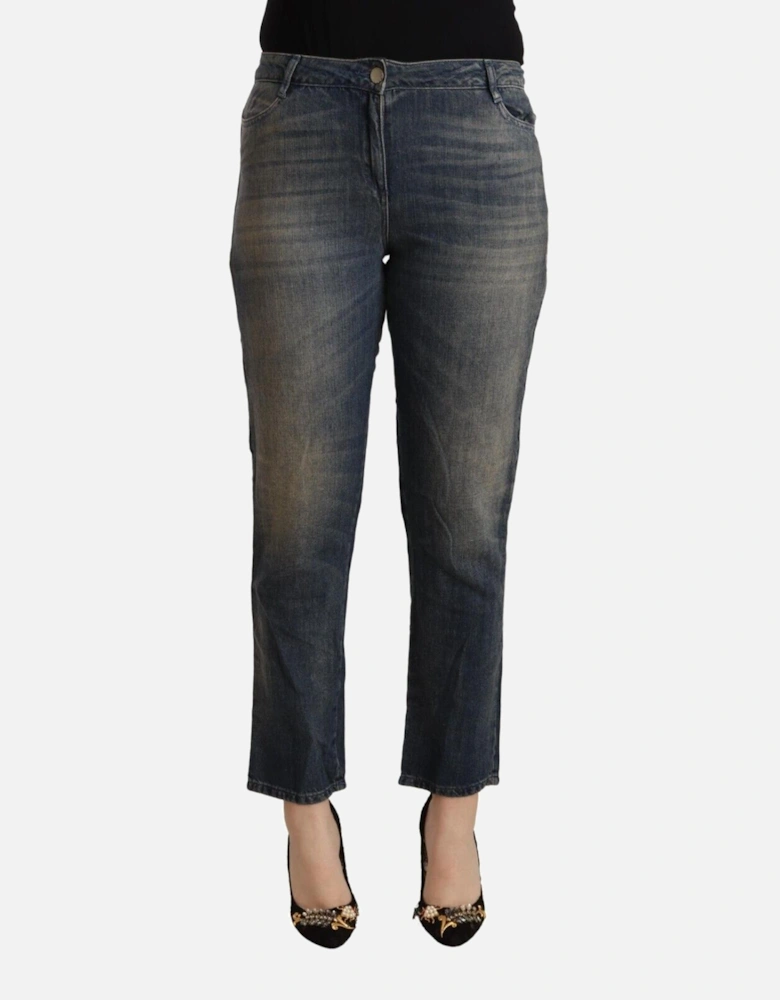 Cropped Mid Waist Denim Jeans with Logo Details Women - Blue Jeans