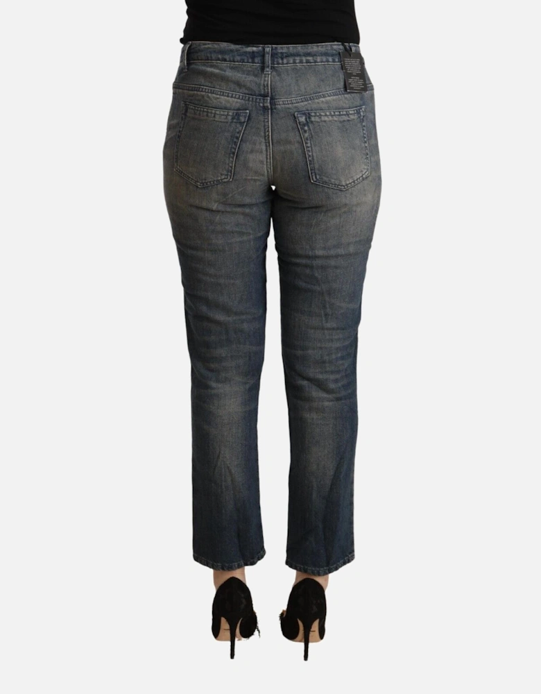 Cropped Mid Waist Denim Jeans with Logo Details Women - Blue Jeans
