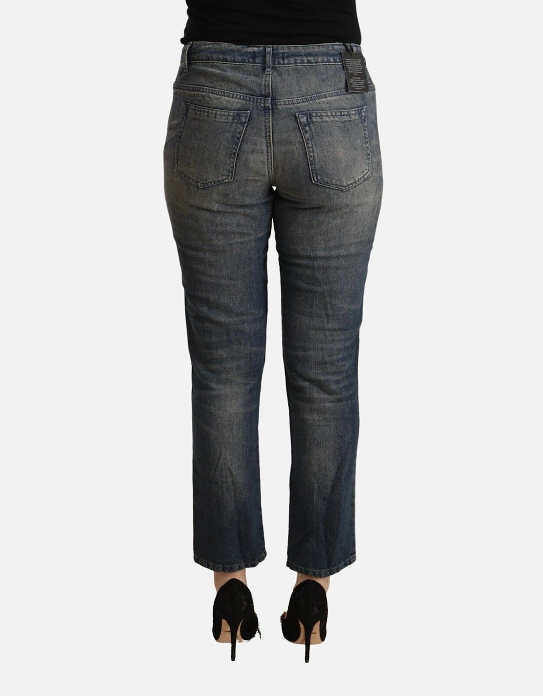 Cropped Mid Waist Denim Jeans with Logo Details Women - Blue Jeans