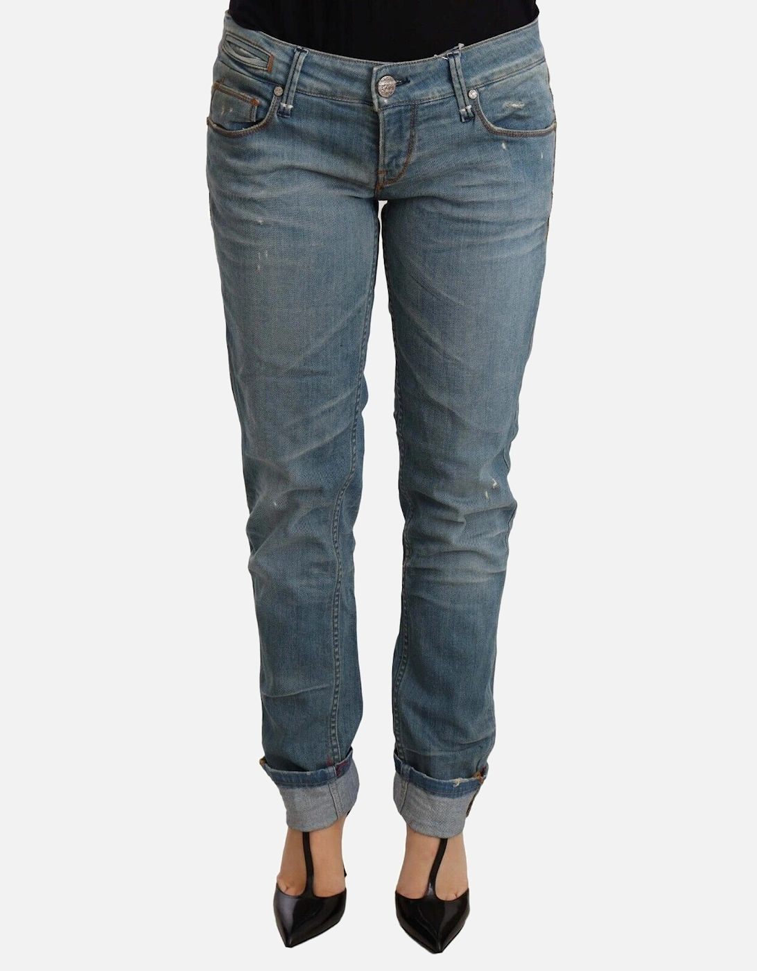 Washed Cotton Folded Hem Denim Jeans Women - Blue Jeans, 4 of 3