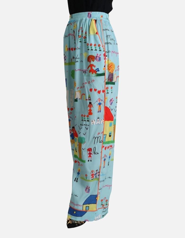 Printed Silk Trousers Childrens Drawings Women - Light Blue Jeans