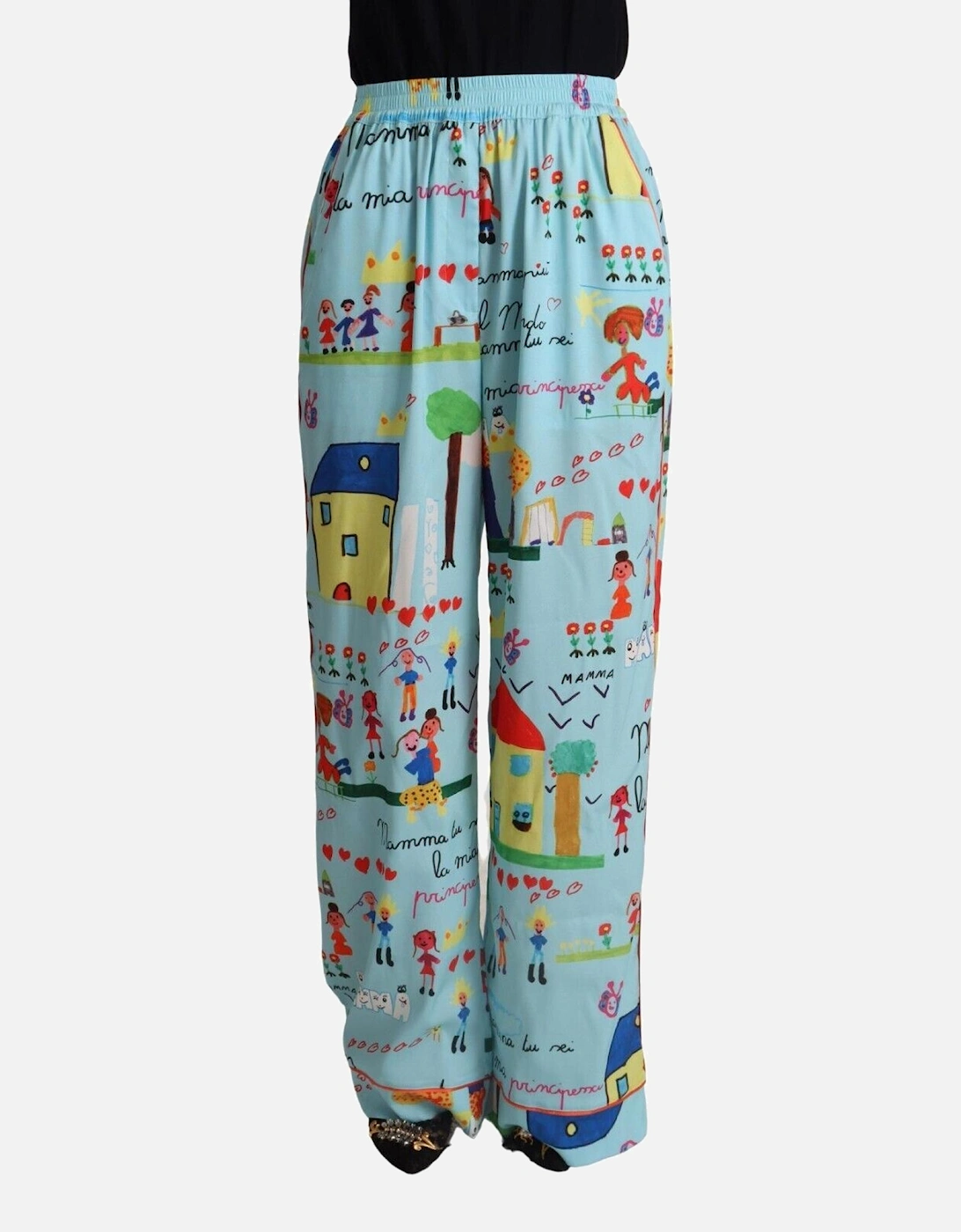 Printed Silk Trousers Childrens Drawings Women - Light Blue Jeans, 4 of 3