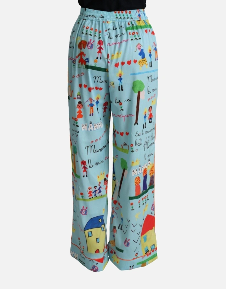 Printed Silk Trousers Childrens Drawings Women - Light Blue Jeans