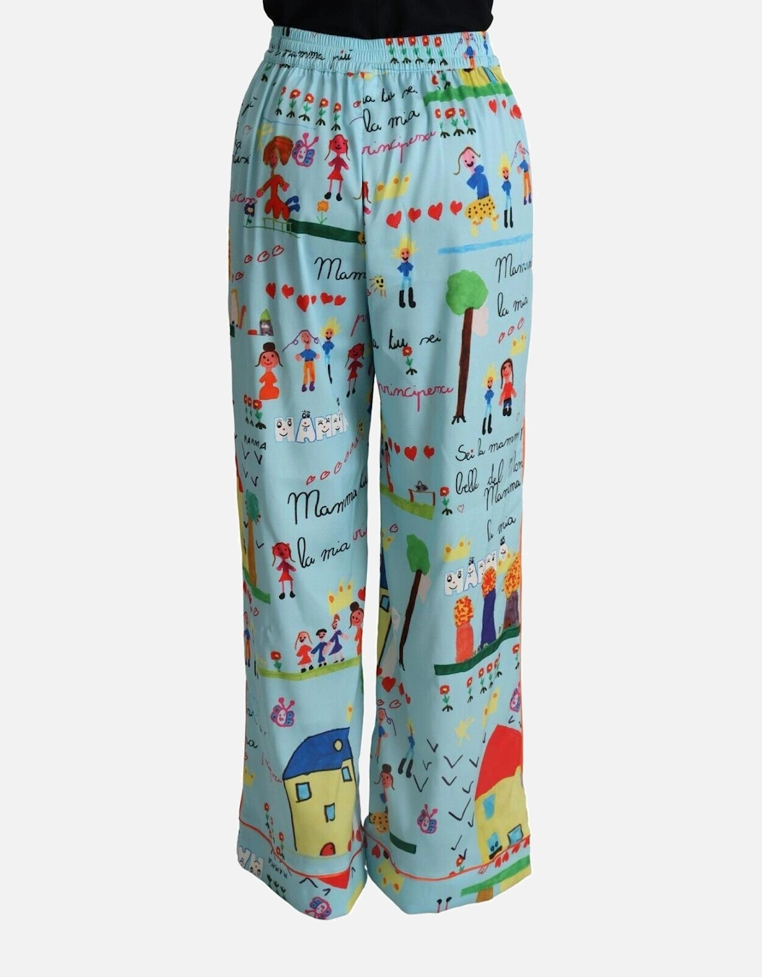 Printed Silk Trousers Childrens Drawings Women - Light Blue Jeans
