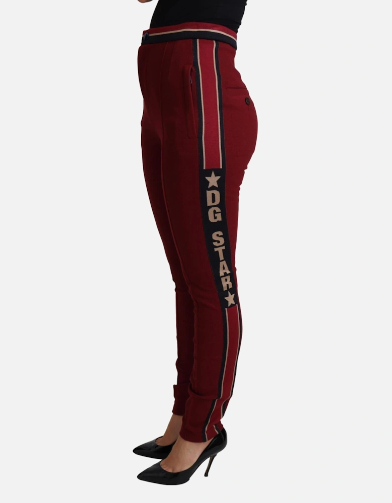 Red High Waist Skinny Trousers with DG Stars Embroidery. Women Jeans