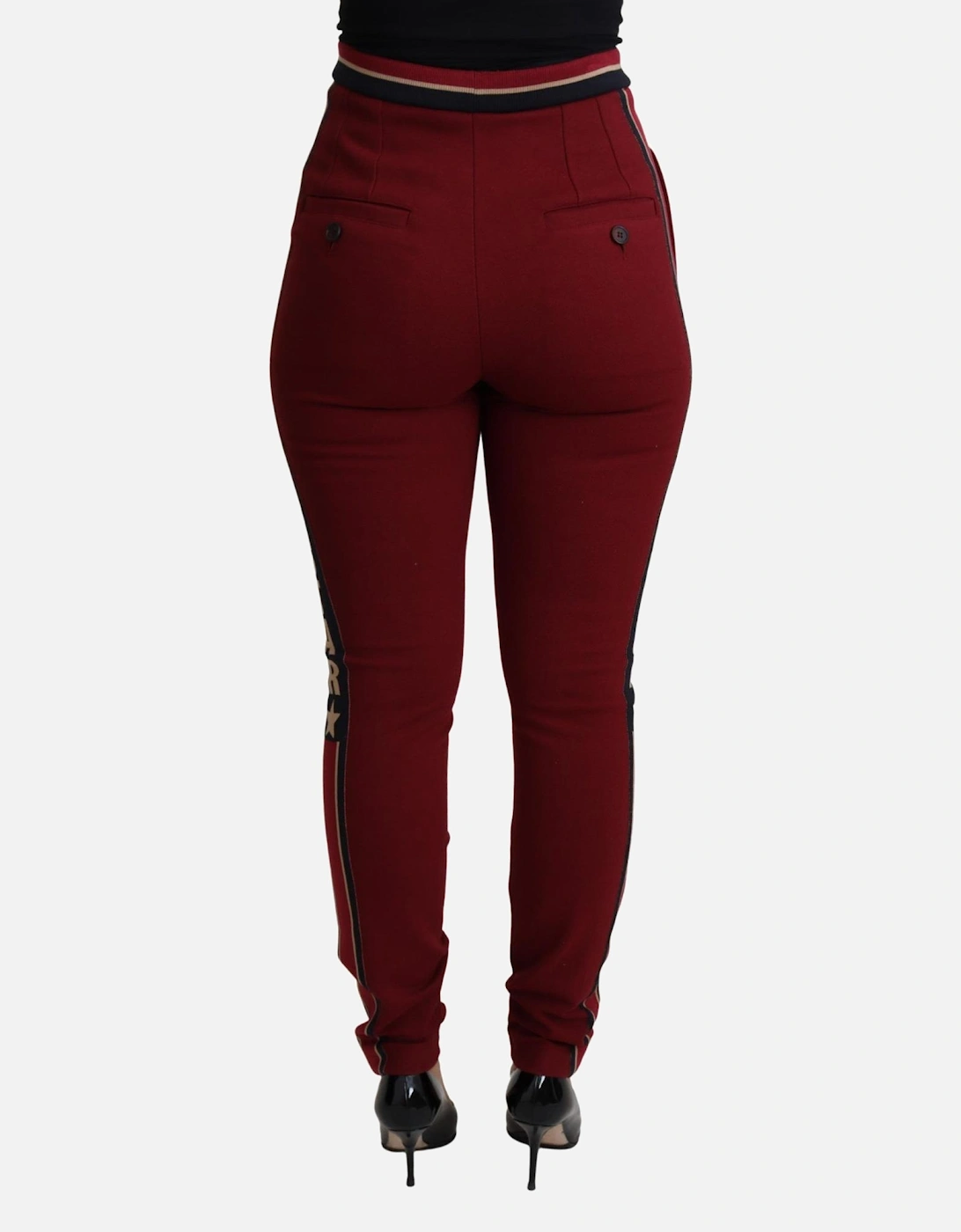 Red High Waist Skinny Trousers with DG Stars Embroidery. Women Jeans