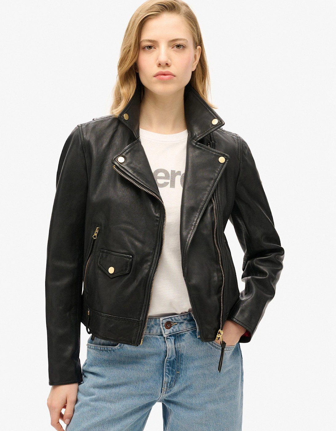 Classic Leather Biker Jacket - Black, 7 of 6