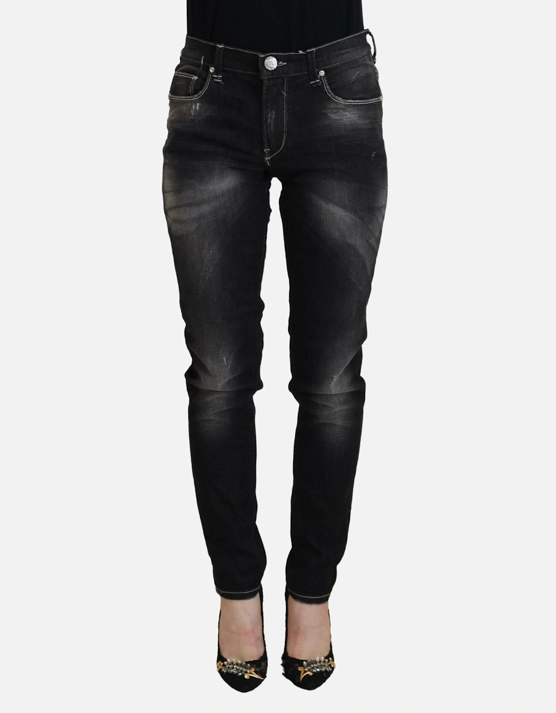 Tapered Mid Waist Denim Jeans Women - Black Pants, 6 of 5