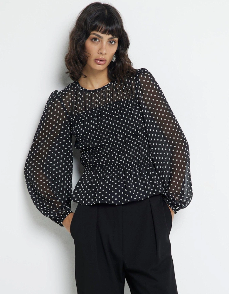 Spot Shirred Chiffon Blouse - Black