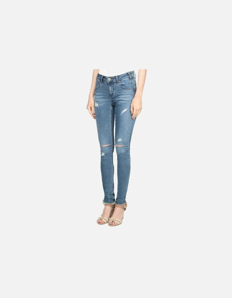Blue Organic Cotton Distressed Jeans with Fringed Ankles Women -