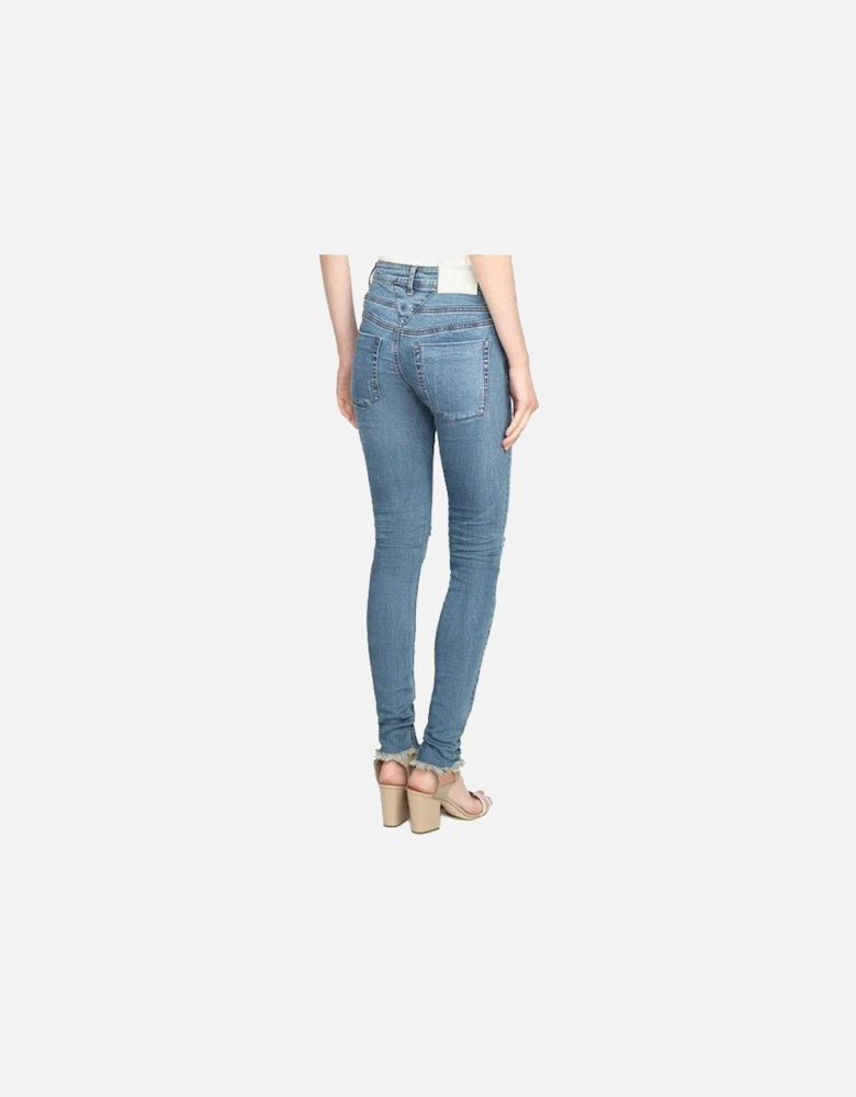Blue Organic Cotton Distressed Jeans with Fringed Ankles Women -