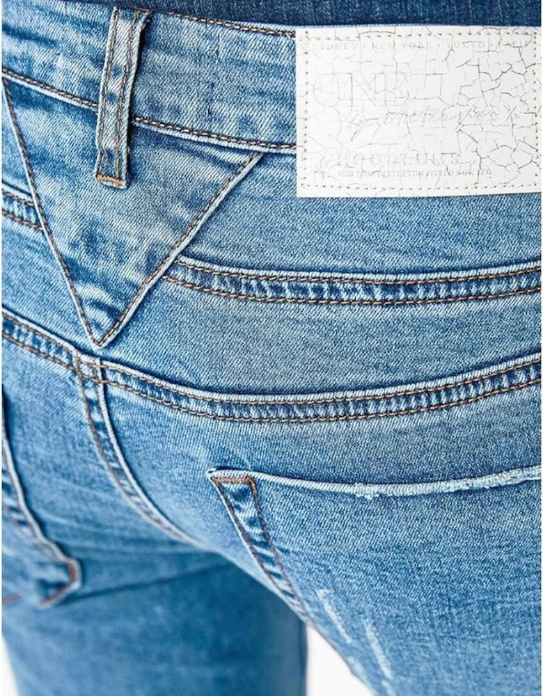 Blue Organic Cotton Distressed Jeans with Fringed Ankles Women -