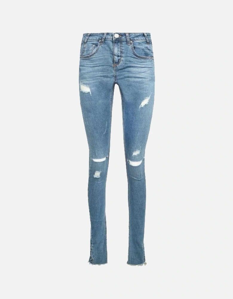 Blue Organic Cotton Distressed Jeans with Fringed Ankles Women -