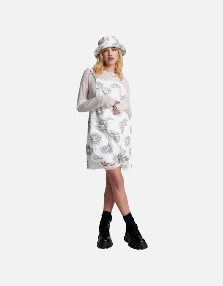 Abstract Pattern Denim Dress with Shoulder Pads and Frayed Hem Women -