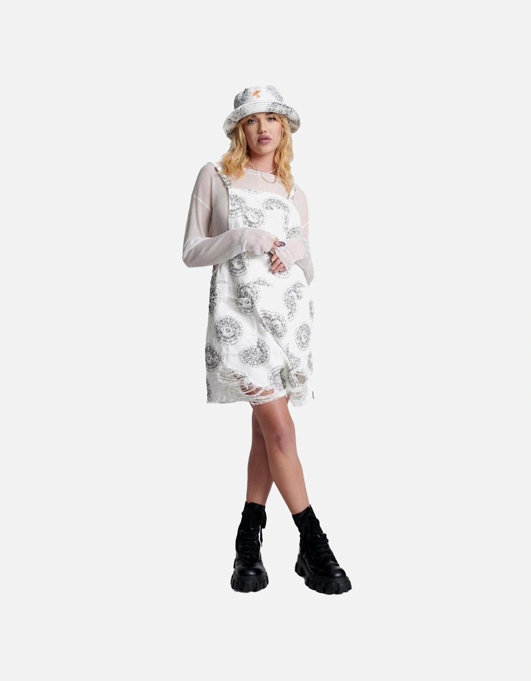 Abstract Pattern Denim Dress with Shoulder Pads and Frayed Hem Women -