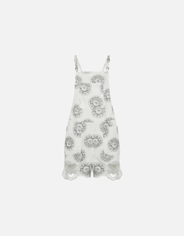 Abstract Pattern Denim Dress with Shoulder Pads and Frayed Hem Women -