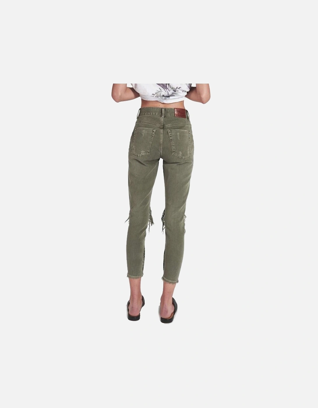 Green Slim Fit Jeans with Knee Tears and Wear Details Women - Khaki