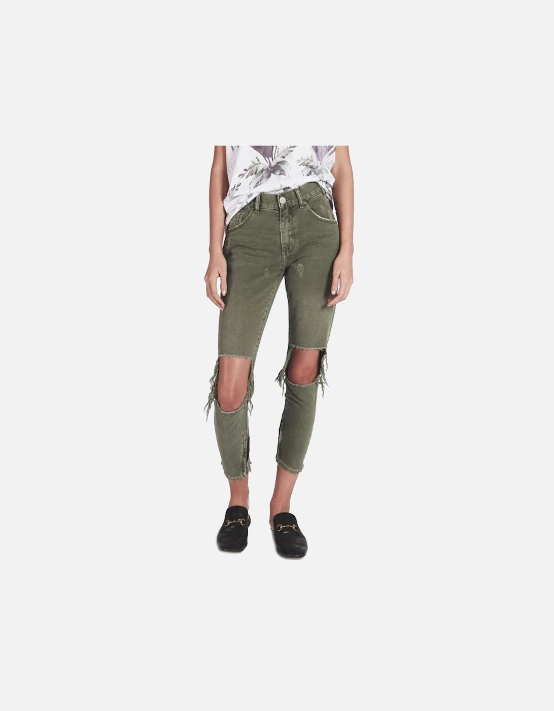 Green Slim Fit Jeans with Knee Tears and Wear Details Women - Khaki, 4 of 3