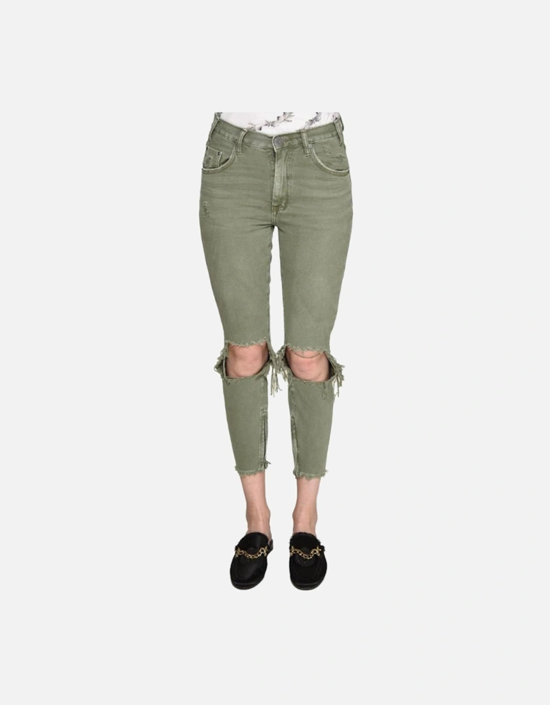 Green Slim Fit Jeans with Knee Tears and Wear Details Women - Khaki