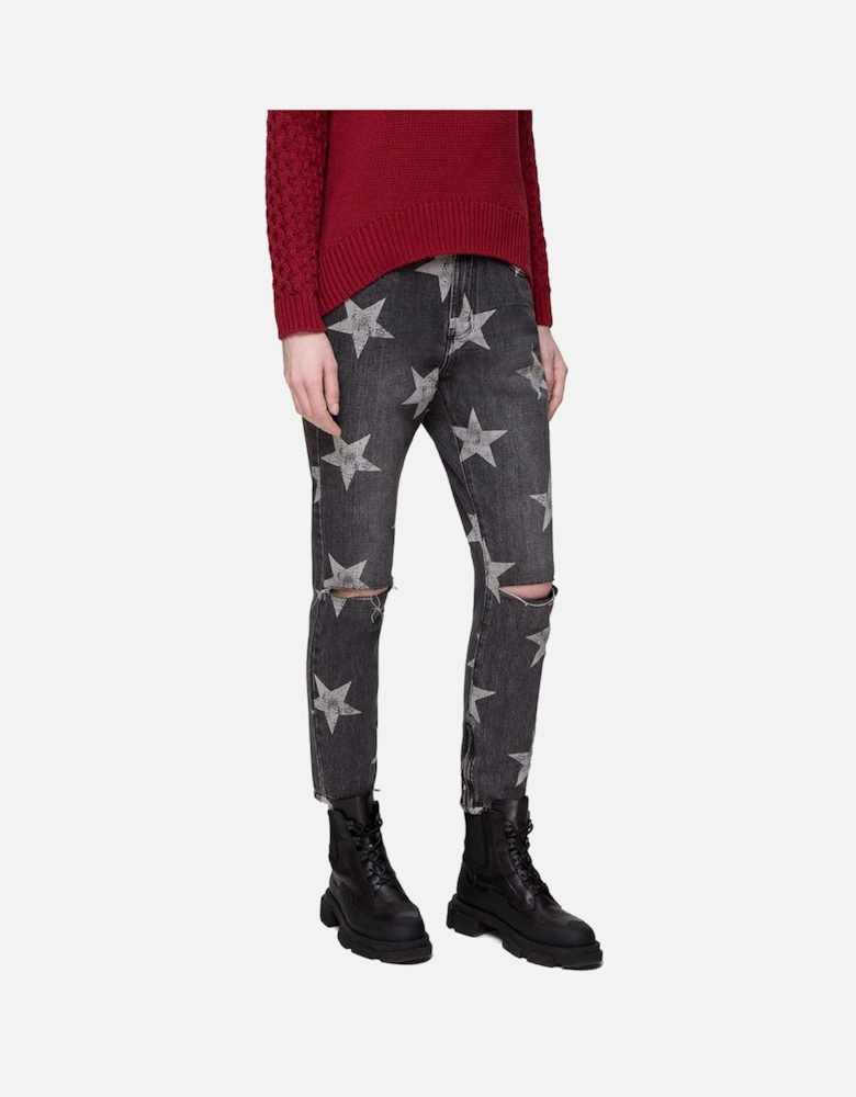 Organic Cotton Star Print Cut Knee Jeans for Women - Black Jeans