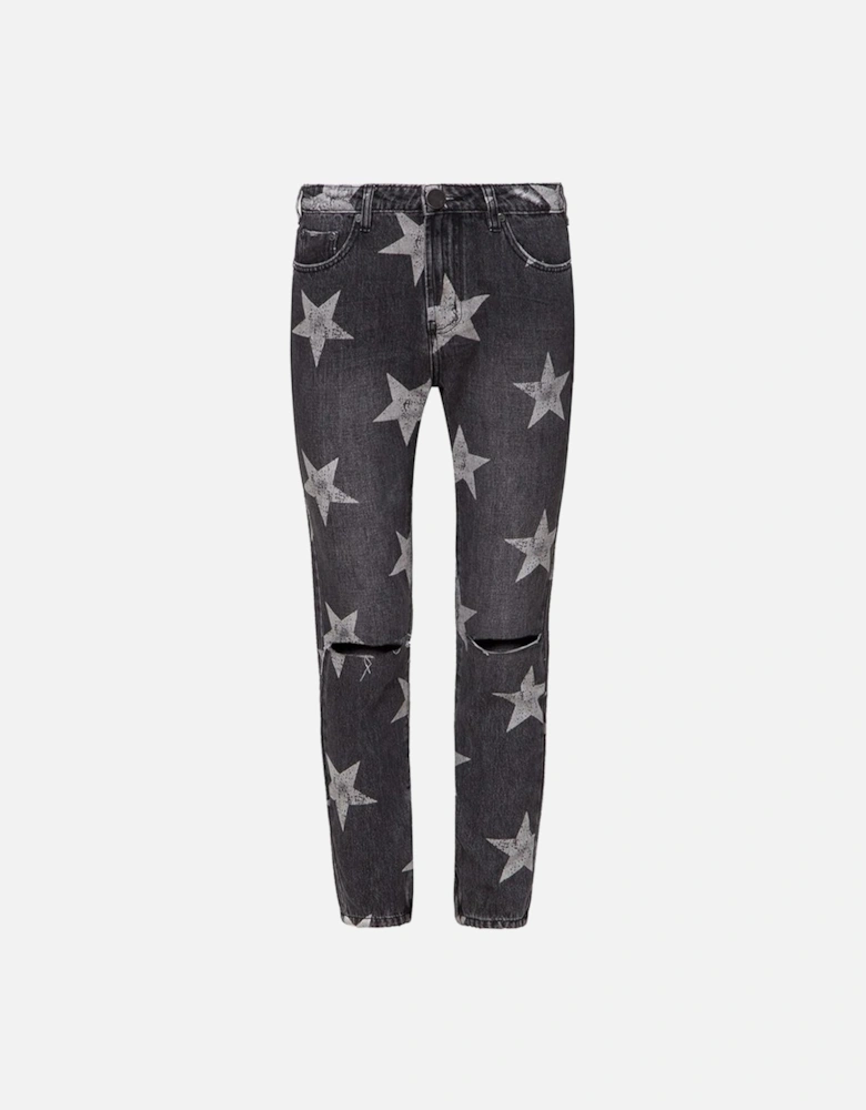Organic Cotton Star Print Cut Knee Jeans for Women - Black Jeans