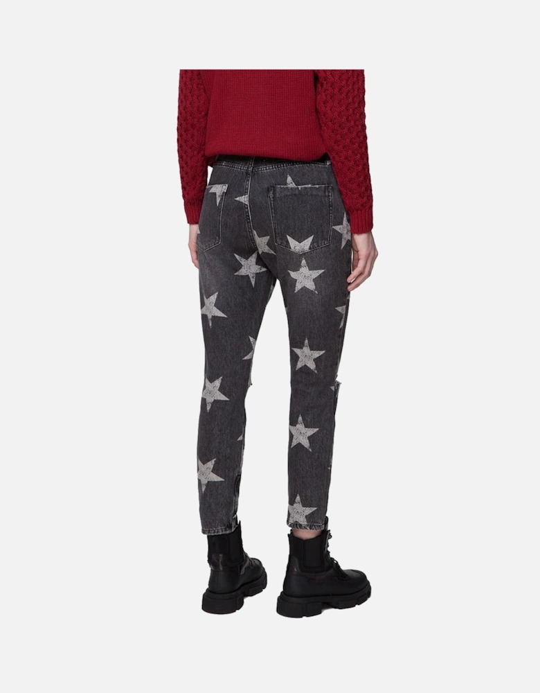 Organic Cotton Star Print Cut Knee Jeans for Women - Black Jeans