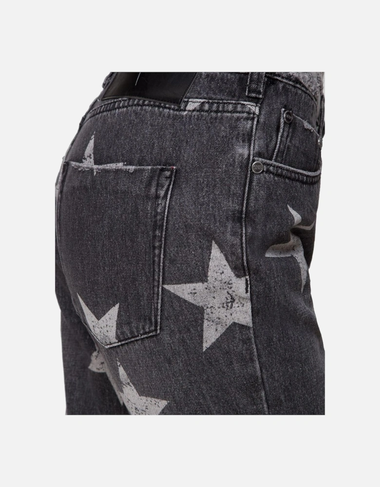 Organic Cotton Star Print Cut Knee Jeans for Women - Black Jeans