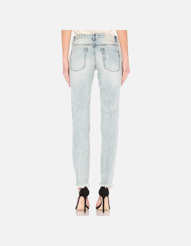 Washed Blue High Waist Organic Cotton Jeans with Raw Cut Ankles Women