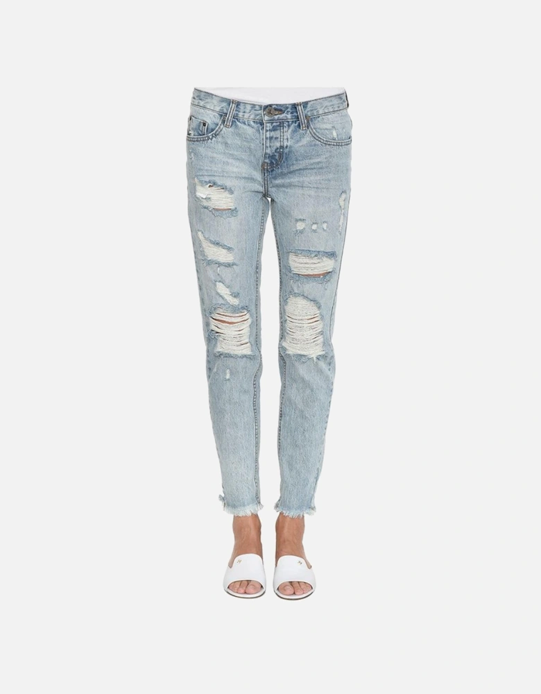 Washed Blue High Waist Organic Cotton Jeans with Raw Cut Ankles Women
