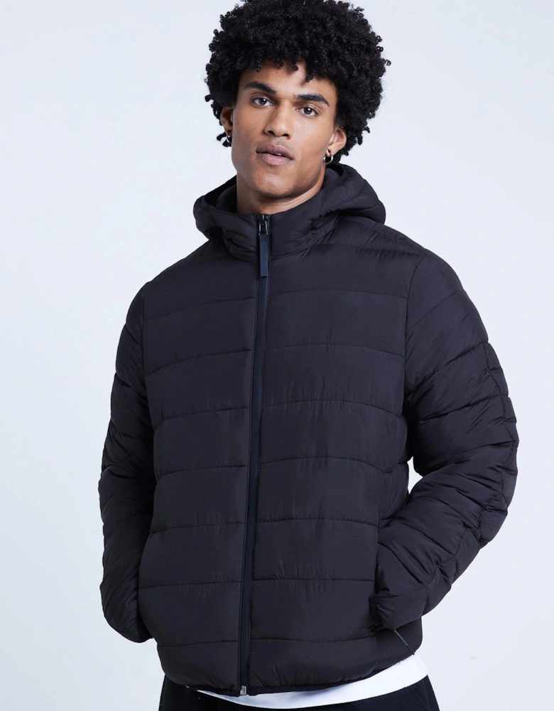 Quilted Hooded Padded Jacket - Black