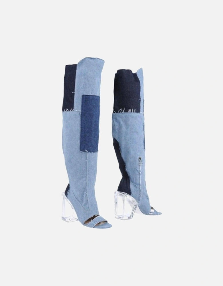 Denim Patchwork High Heel Boots Women - Light Blue