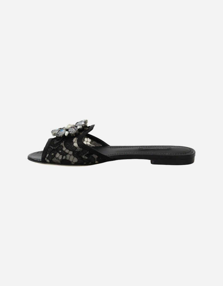 Black Lace Mules with Jewel Flower Embellishment Women Flats